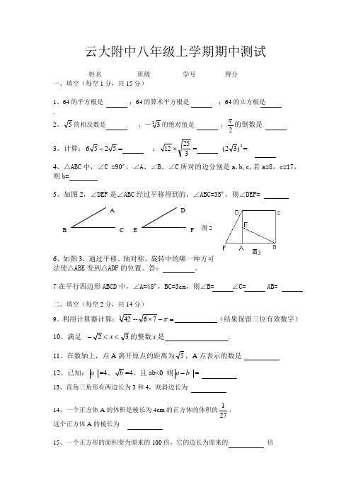 云大附中八年级上学期期中测试