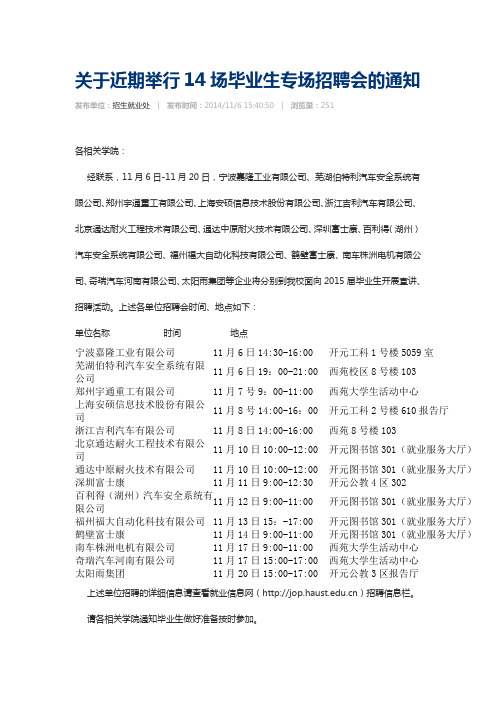 关于近期举行14场毕业生专场招聘会的通知