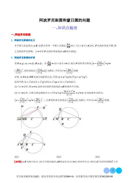 阿波罗尼斯圆和蒙日圆的问题(学生版)