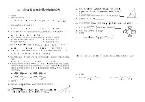 初二年级数学寒假作业检测试卷