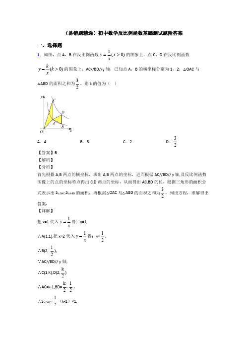 (易错题精选)初中数学反比例函数基础测试题附答案