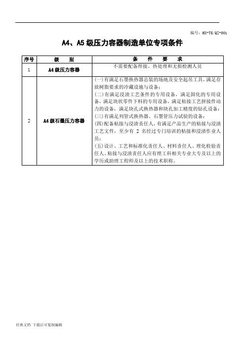 A4、A5级压力容器制造单位专项条件