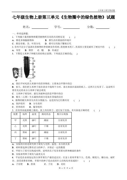 人教版七年级上册生物第三单元《生物圈中的绿色植物》试题(带答案)