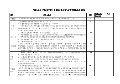 疏附县人民医院围手术期质量与安全管理督导检查表