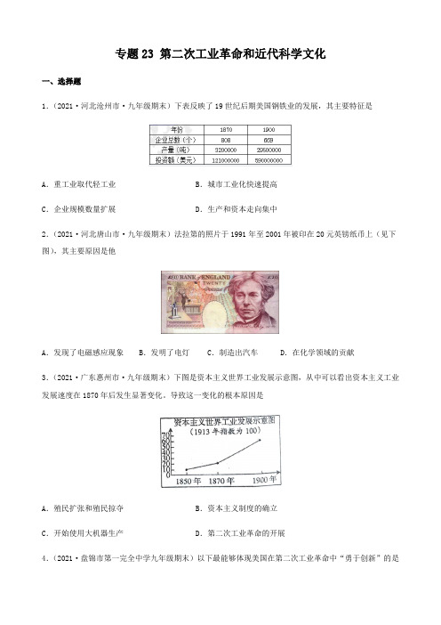 专题23第二次工业革命和近代科学文化(原卷版)