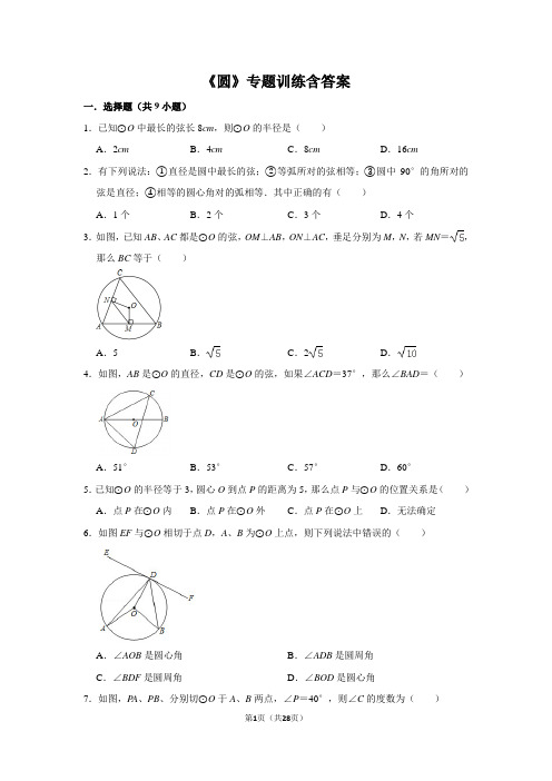 北师大版九年级数学下册第三章《圆》专题测试含答案