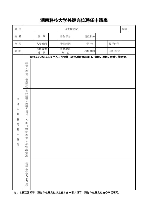 湖南科技大学关键岗位聘任申请表