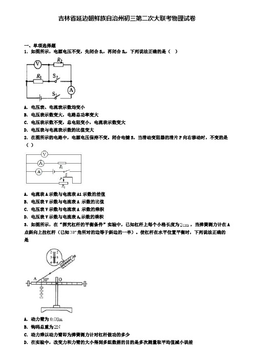 吉林省延边朝鲜族自治州初三第二次大联考物理试卷