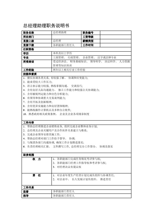 房地产集团总公司总经理助理职务说明书