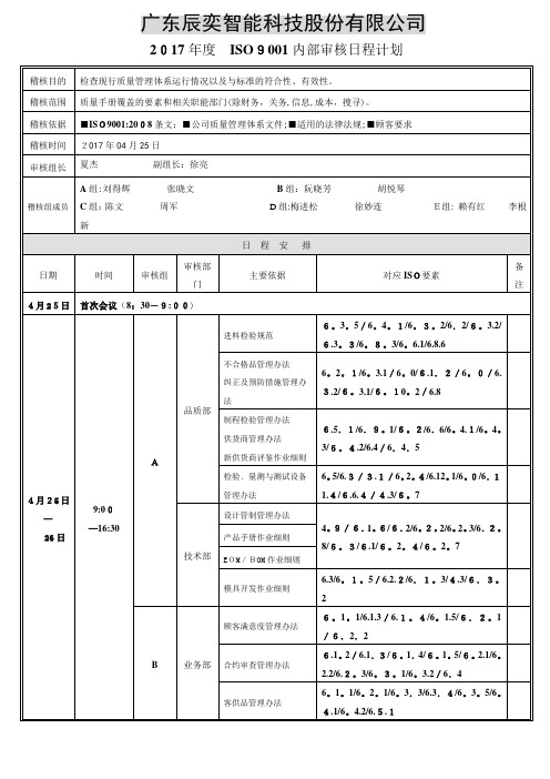 2017年ISO内审日程计划