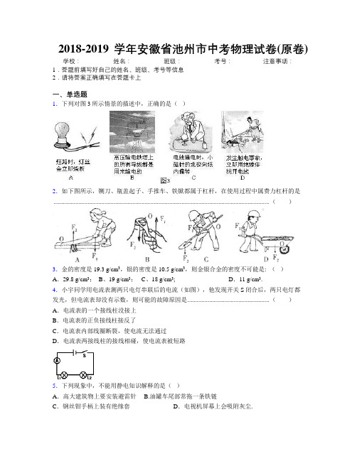 最新2018-2019学年安徽省池州市中考物理试卷(原卷)及解析