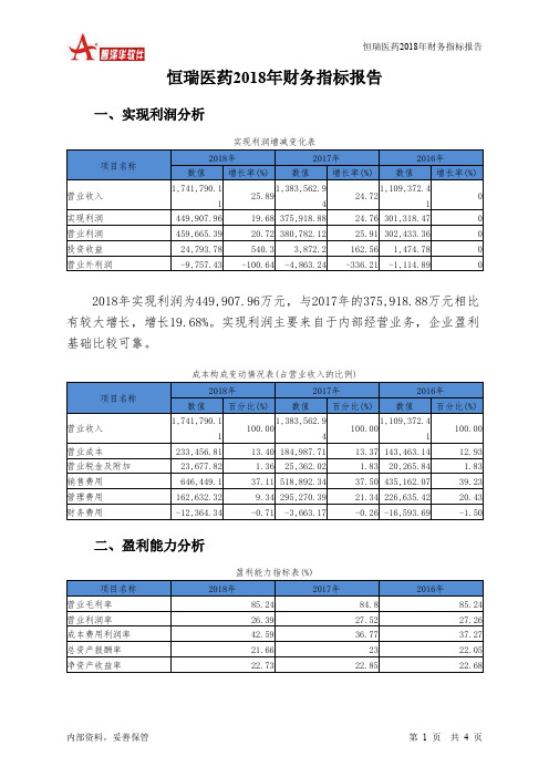 恒瑞医药2018年财务指标报告-智泽华