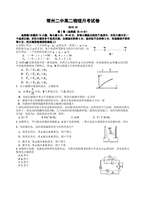 最新-常州二中高二物理月考试卷-人教版[整理] 精品