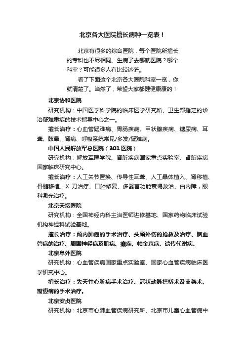 北京各大医院擅长病种一览表！