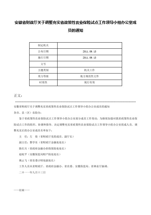 安徽省财政厅关于调整充实省政策性农业保险试点工作领导小组办公室成员的通知-