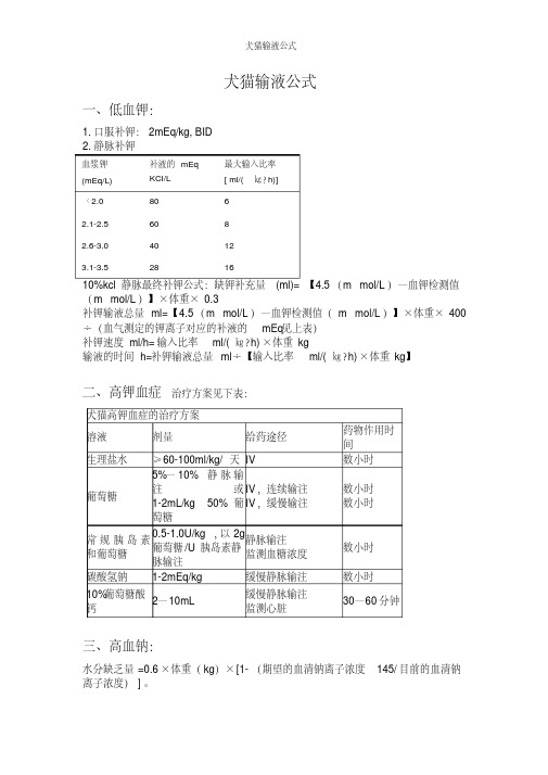 犬猫输液公式