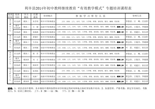 利辛县2014-2015学年度初中教师“有效教学模式”专题培训课程表