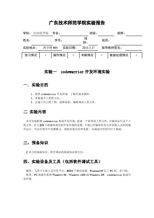 实验报告codewarrior开发环境实验