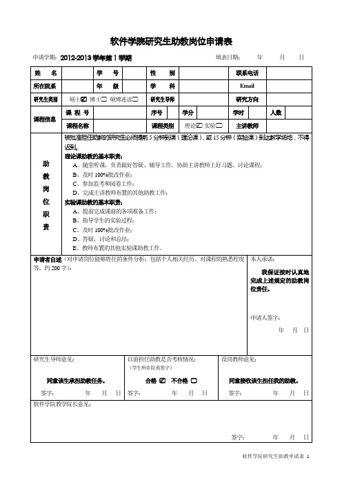 软件学院研究生助教岗位申请表