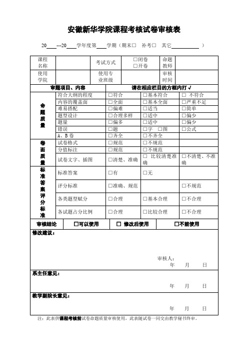 安徽新华学课程考核试卷审核表