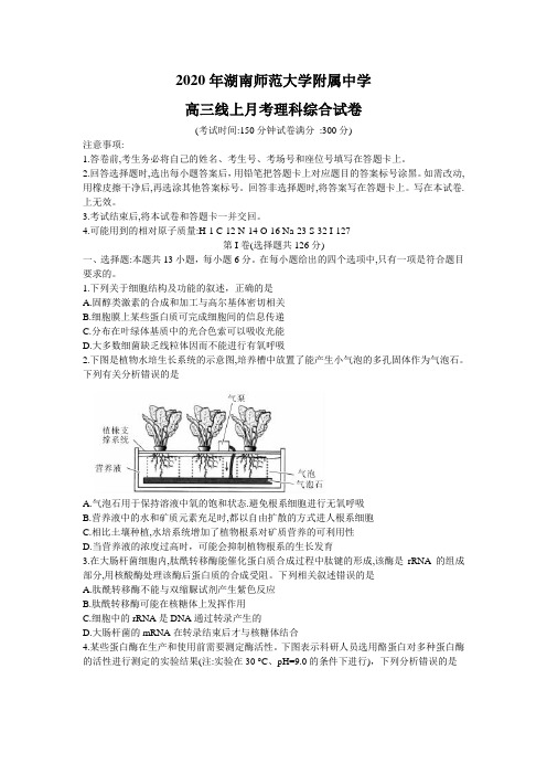 湖南师范大学附属中学2020年高三线上月考理综试卷 (Word版)