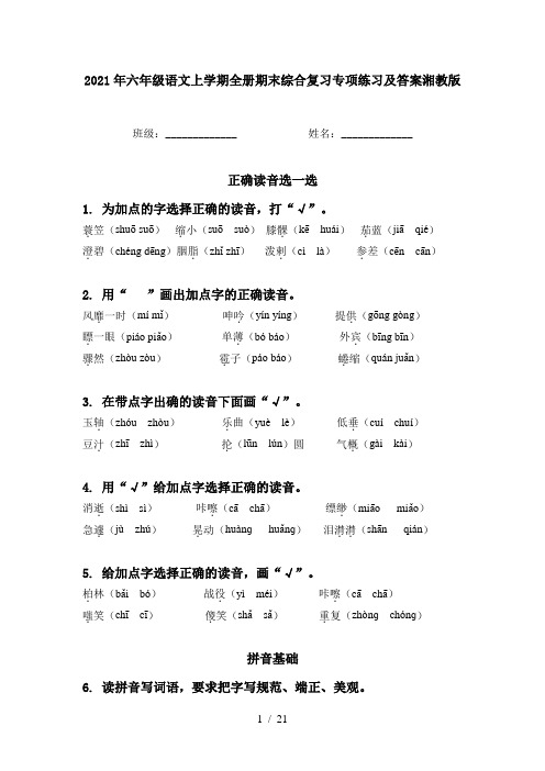 2021年六年级语文上学期全册期末综合复习专项练习及答案湘教版