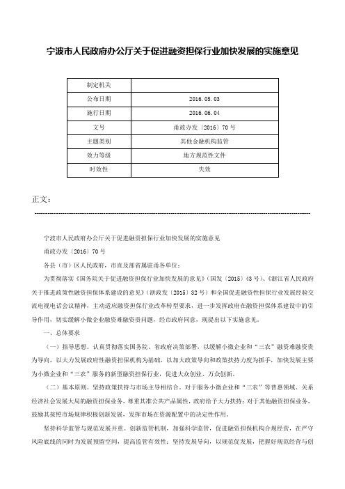 宁波市人民政府办公厅关于促进融资担保行业加快发展的实施意见-甬政办发〔2016〕70号