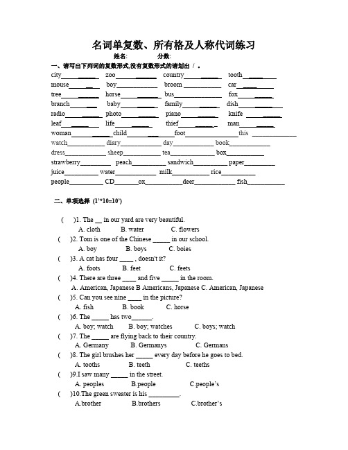 (完整版)小学英语名词练习题