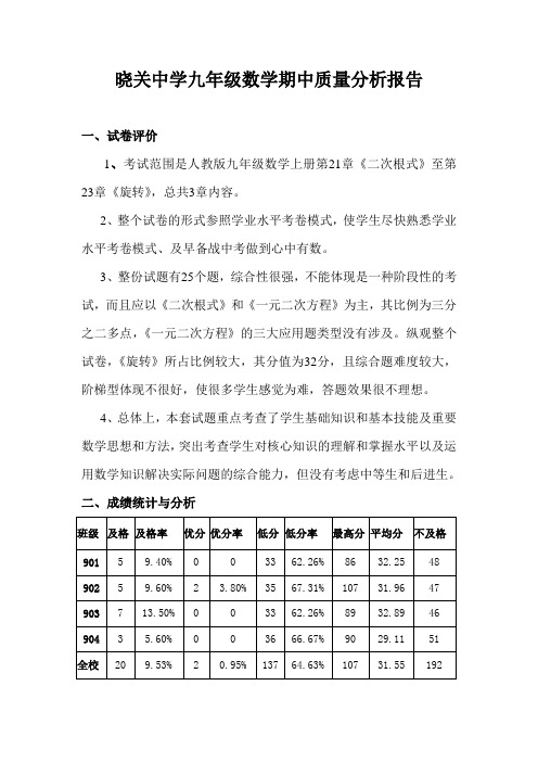 晓关中学九年级数学期中质量分析报告