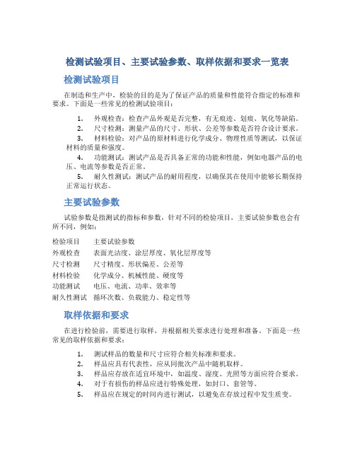 检测试验项目、主要试验参数、取样依据和要求一览表()