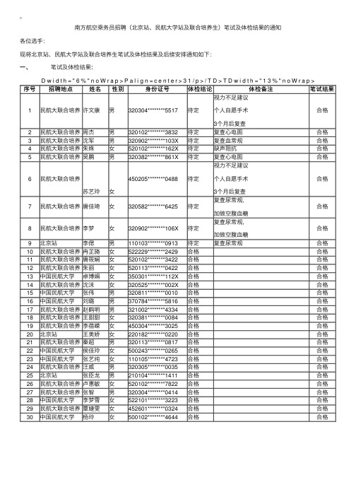 南航空乘招聘（北京站、民航大学站及联合培养生）笔试及体检结果通知