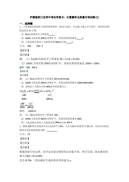 沪教版初三化学中考化学复习：计算题单元质量专项训练(1)