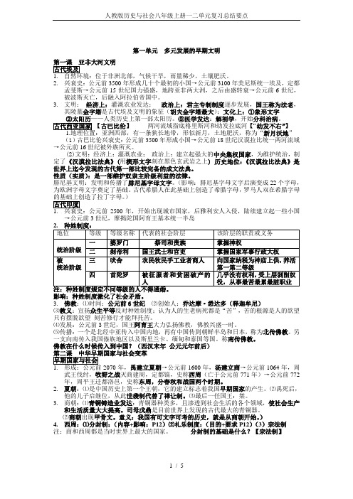 人教版历史与社会八年级上册一二单元复习总结要点