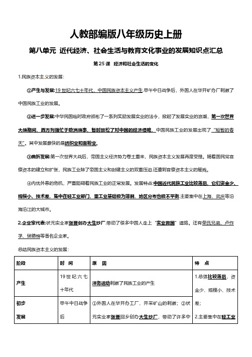 新人教部编版八年级历史上册第八单元 近代经济、社会生活与教育文化事业的发展知识点汇总