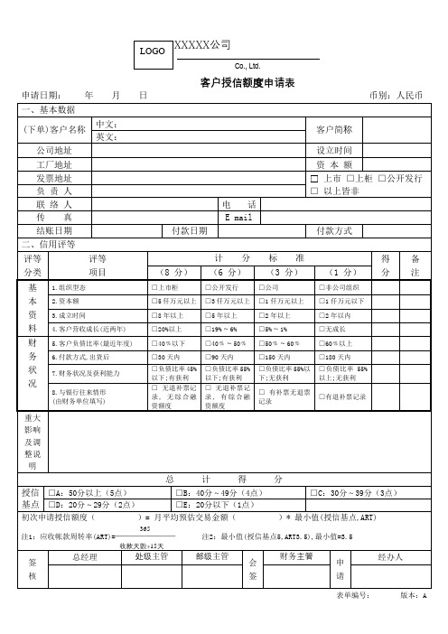 客户授信额度申请表