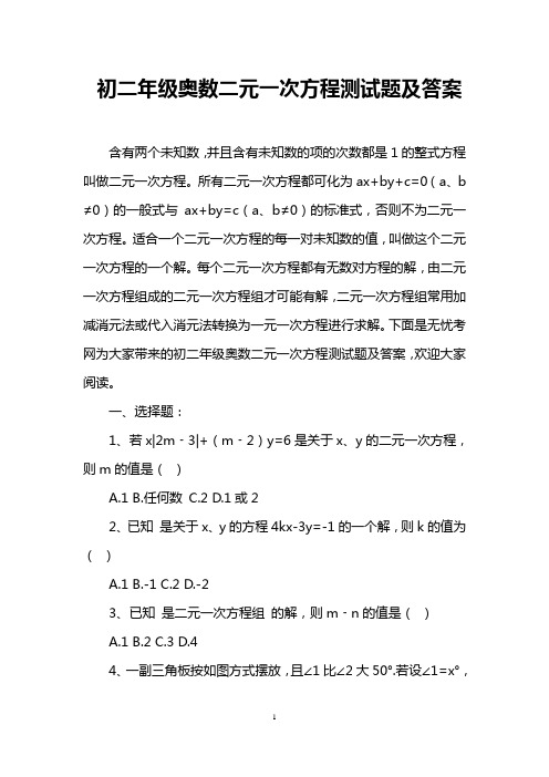 初二年级奥数二元一次方程测试题及答案