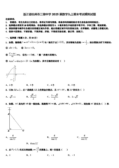 浙江省杭州市三墩中学2025届数学九上期末考试模拟试题含解析