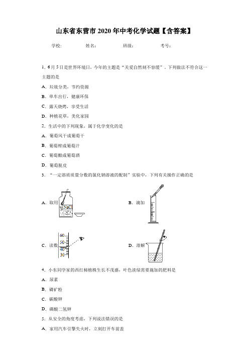 山东省东营市2020年中考化学试题【含答案】