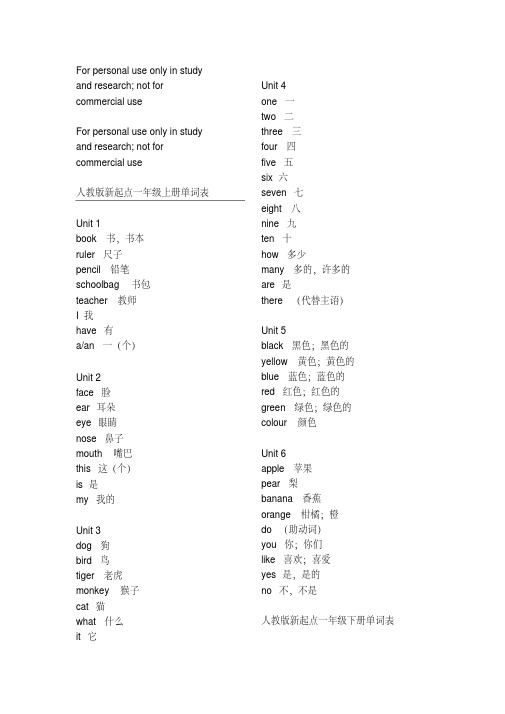 人教版新起点小学英语一起点1-6年级单词表汇总2018