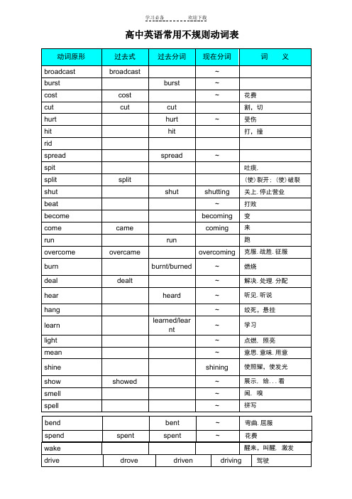 高中英语常用不规则动词表