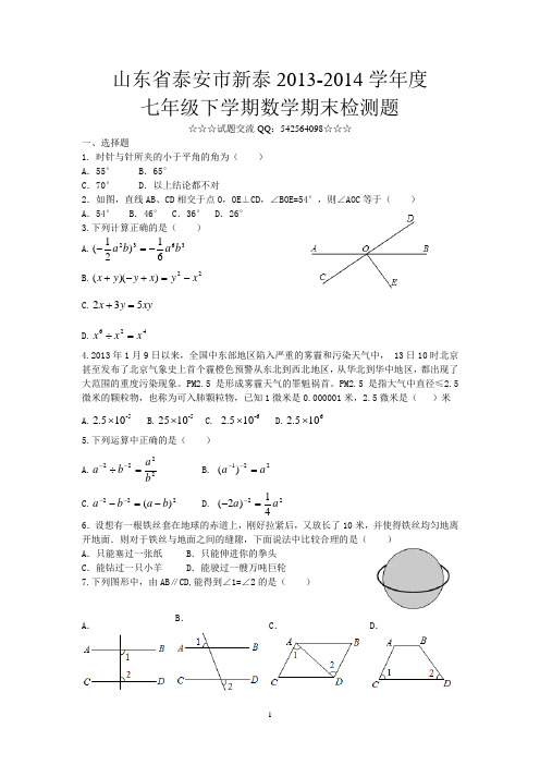 山东省泰安市新泰2013-2014学年度七年级下学期数学期末检测题(青岛版)