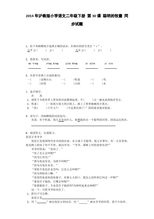 二年级下语文同步试题- 聪明的牧童沪教版