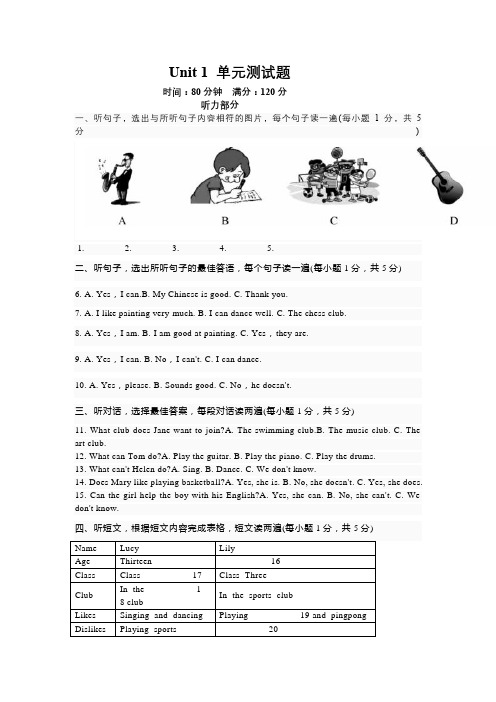 人教版2020-2021学年七年级英语下册 Unit1 单元测试题(附答案)