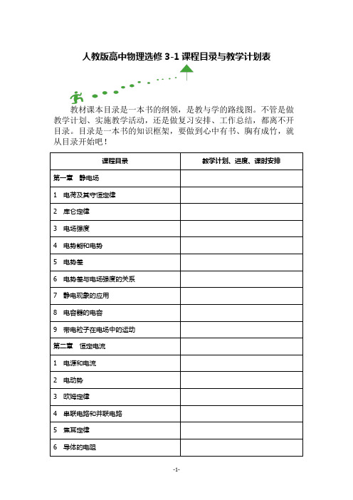 人教版高中物理选修3-1课程目录与教学计划表