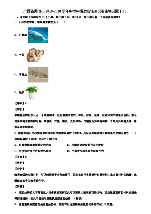 广西省河池市2019-2020学年中考中招适应性测试卷生物试题(1)含解析