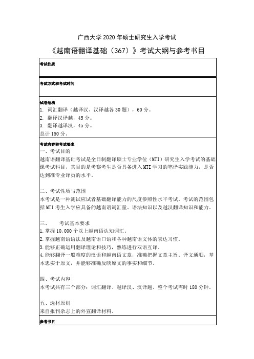 广西大学2020年硕士研究生入学考试《越南语翻译基础(367)》考试大纲与参考书目