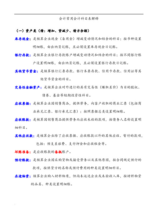 《会计基础》常用会计科目表解释