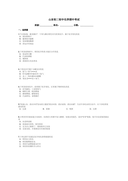 山东初二初中化学期中考试带答案解析
