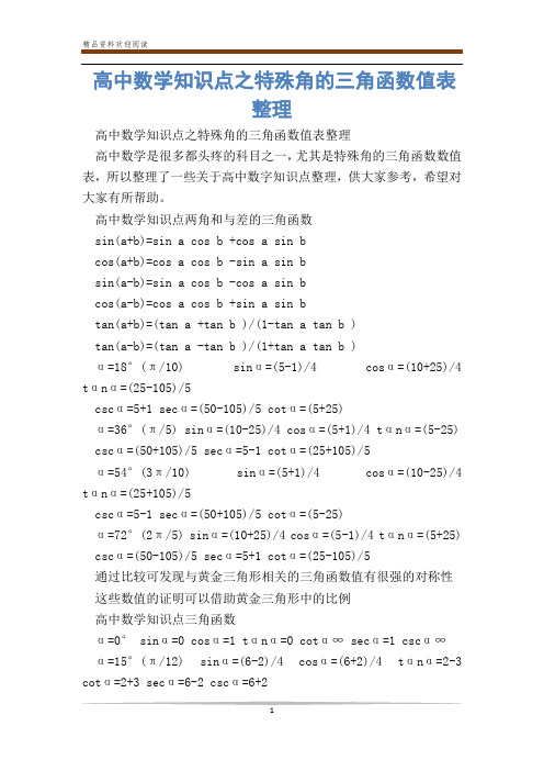 高中数学知识点之特殊角的三角函数值表整理