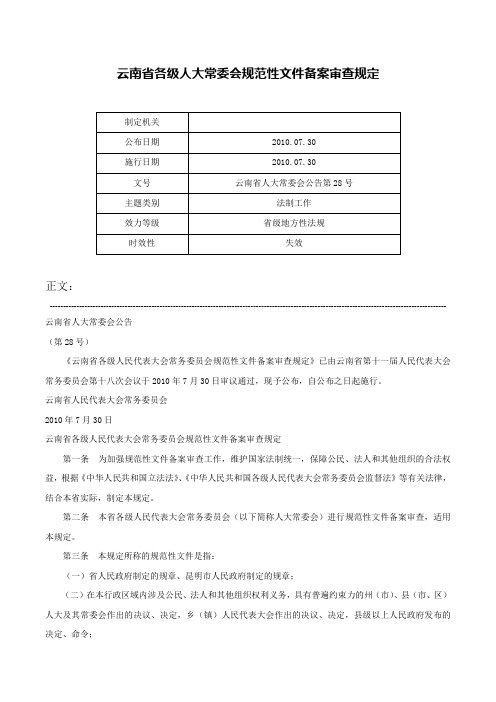 云南省各级人大常委会规范性文件备案审查规定-云南省人大常委会公告第28号